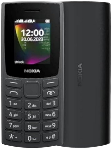 Nokia 106 feature phone in black with durable design, long battery life, and classic T9 keypad