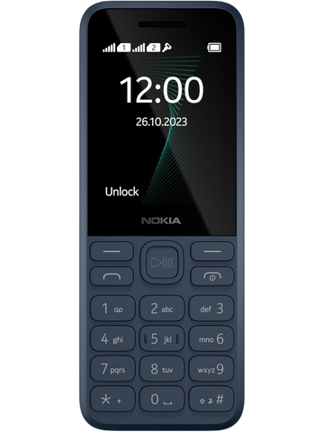 Nokia mobile phone with a black screen displaying the time and date, on a white background.