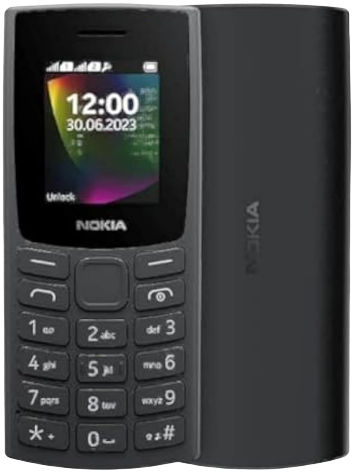 Nokia 106 feature phone in black with durable design, long battery life, and classic T9 keypad
