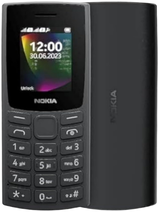 Nokia 106 feature phone in black with durable design, long battery life, and classic T9 keypad