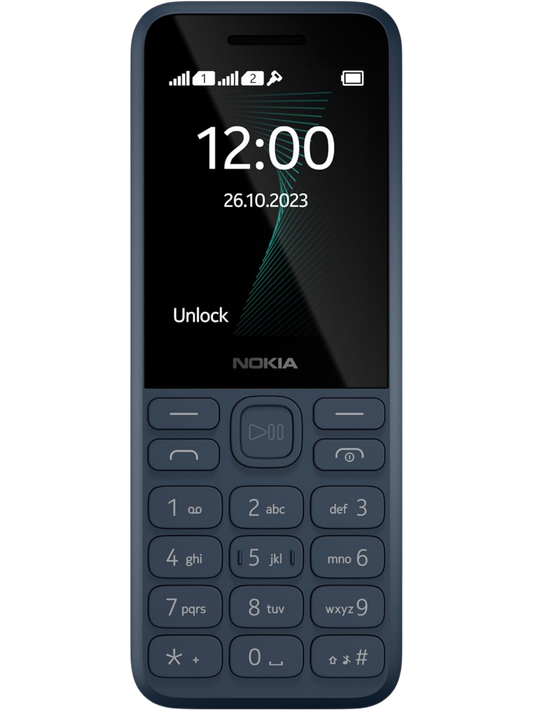 Nokia mobile phone with a black screen displaying the time and date, on a white background.