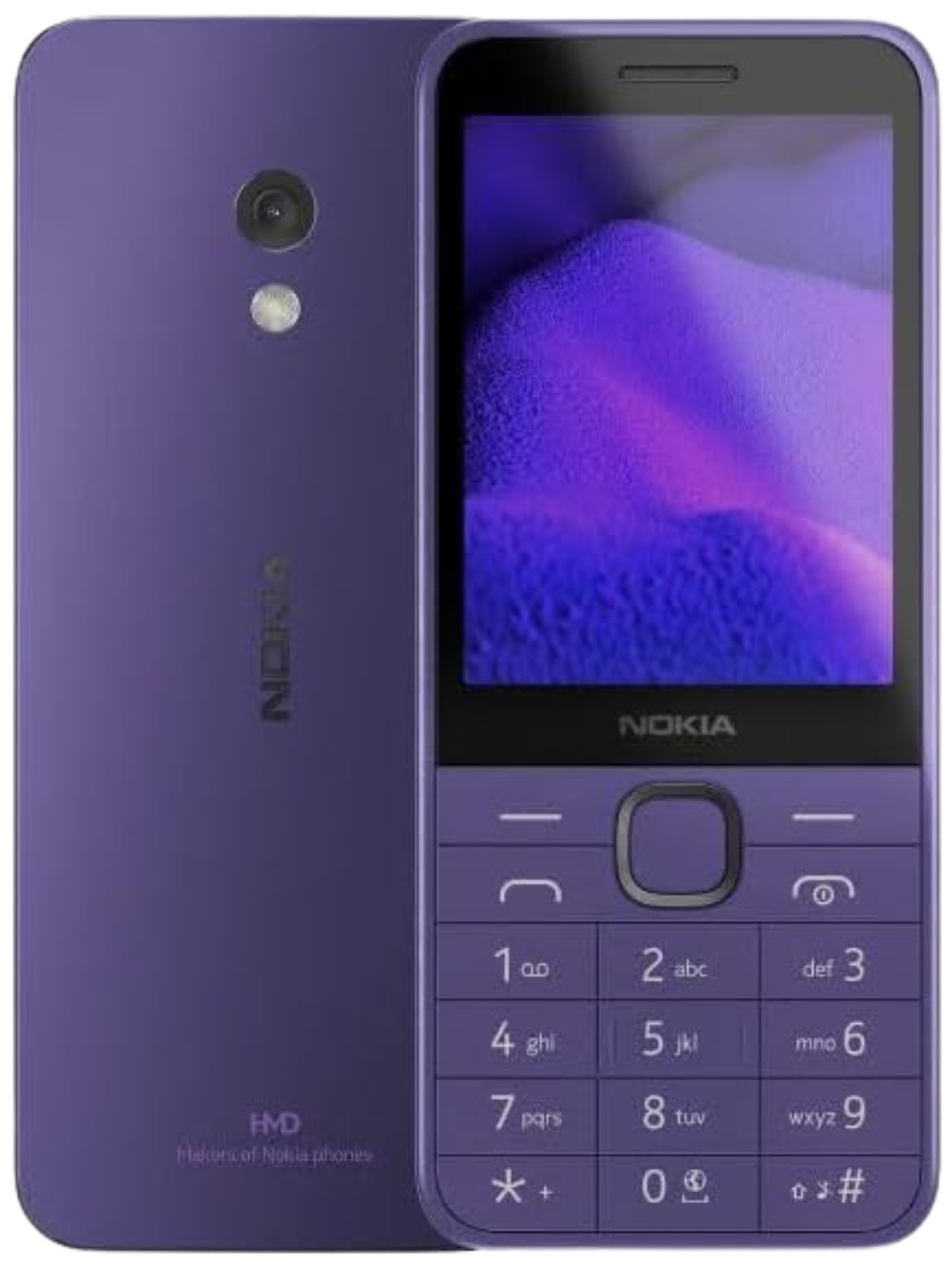 Nokia 235 purple – Front view showing the sleek design and 2.8-inch color display of the feature phone.