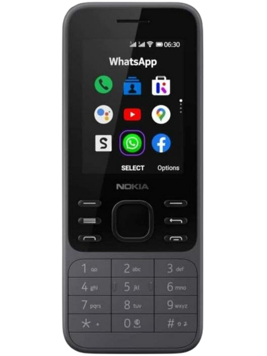 Nokia 6300 feature phone in black with durable design, long battery life. Front View